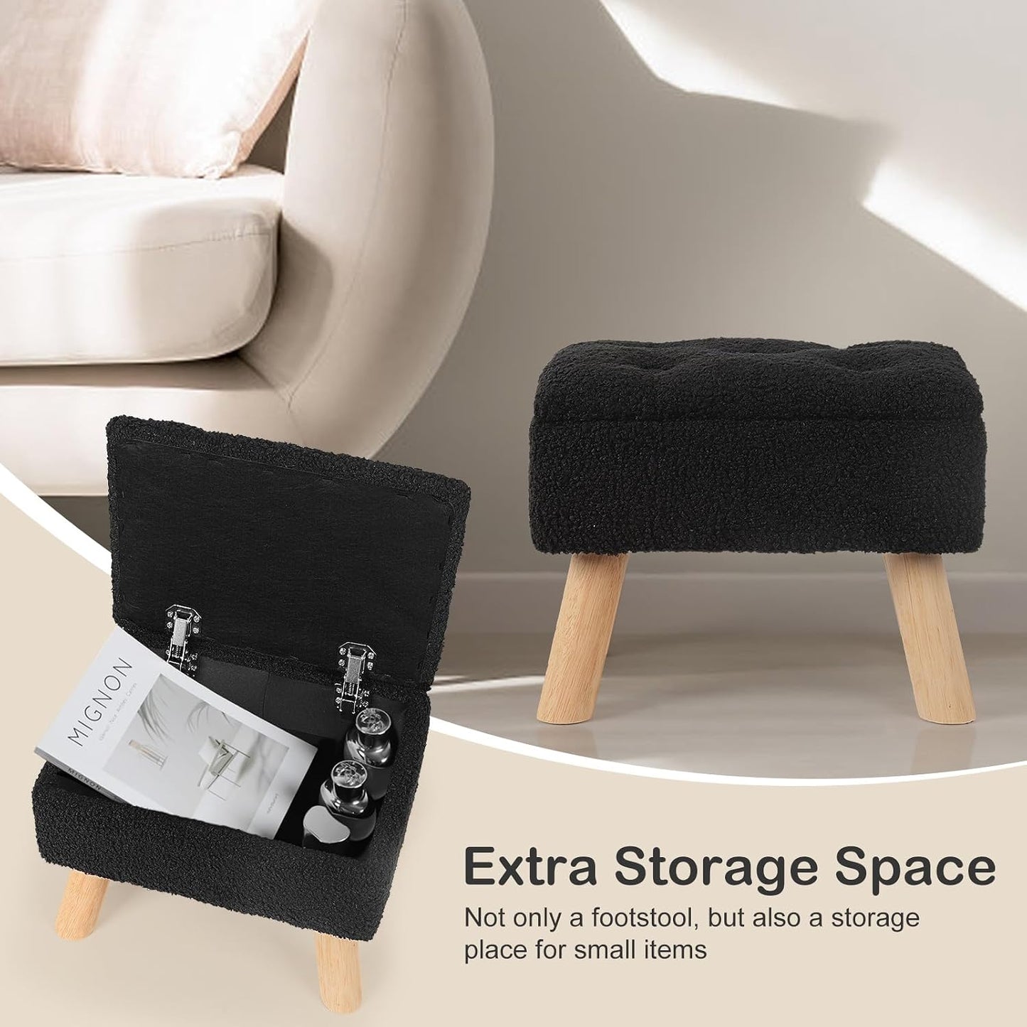 OGEMXU Storage Ottoman, Small Foot Stool Ottoman with Storage, Boucle Teddy Velvet Foot Rest with Padded Seat, Sturdy Wood Legs Stool for Living Room, Bedroom, Couch, Enterway (Cream)
