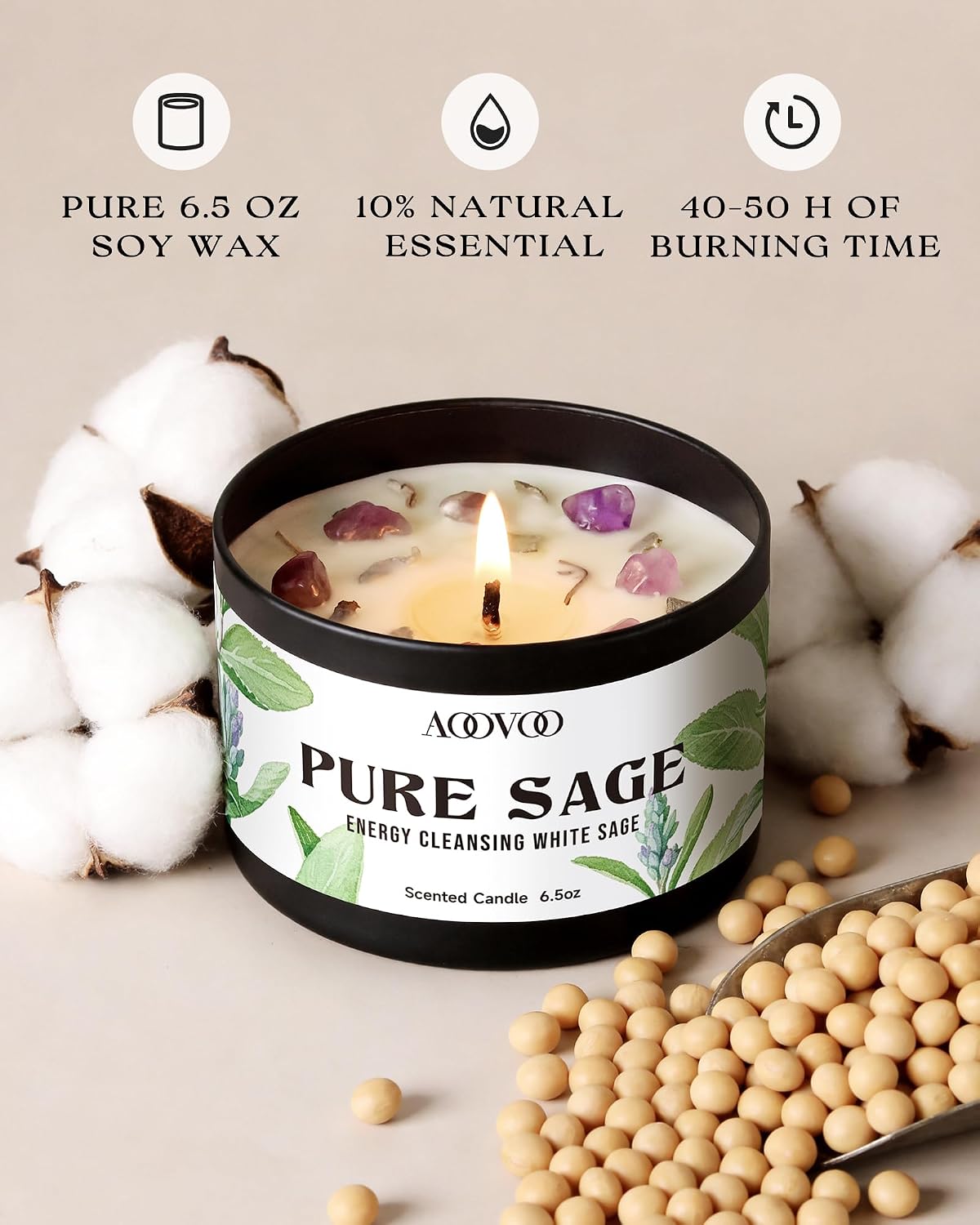 AOOVOO Sage Candle for Cleansing - 3 Wick 12oz Large Scented Candle with Crystals & Sage Leaves Inside, Soy Candles Non Toxic for Meditation Spiritual Gift, Aromatherapy Candle for Women Men