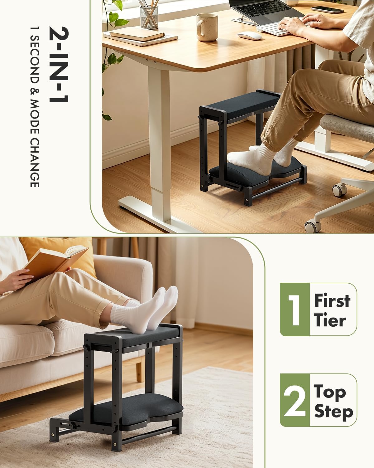 Amazer Bamboo Under Desk Footrest with Cushion 3-in-1, Reversible Ergonomic Wood Rocking Foot Rest for Under Desk at Work, Adjustable Foot Stools with Washable Cover, Desk Leg Rest for Home Office