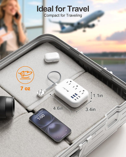 6 USB(3 USB C) Power Strip- Travel Power Strip with 6 USB Desktop Charging Station 24W/4.8A and 3 Outlets, 5Ft Flat Plug Braided Extension Cord, Non Surge Protector for Cruise Ship Travel Office Dorm