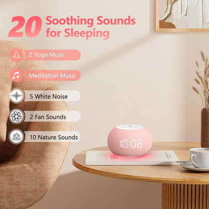 Reacher Auto-Dimmable Sound Machine Alarm Clock with Night Light, 20 Soothing Sounds, LED Digital Display, Sleep Timer, Precise Volume Control, White Noise Soother for Baby, Adults, Bedrooms