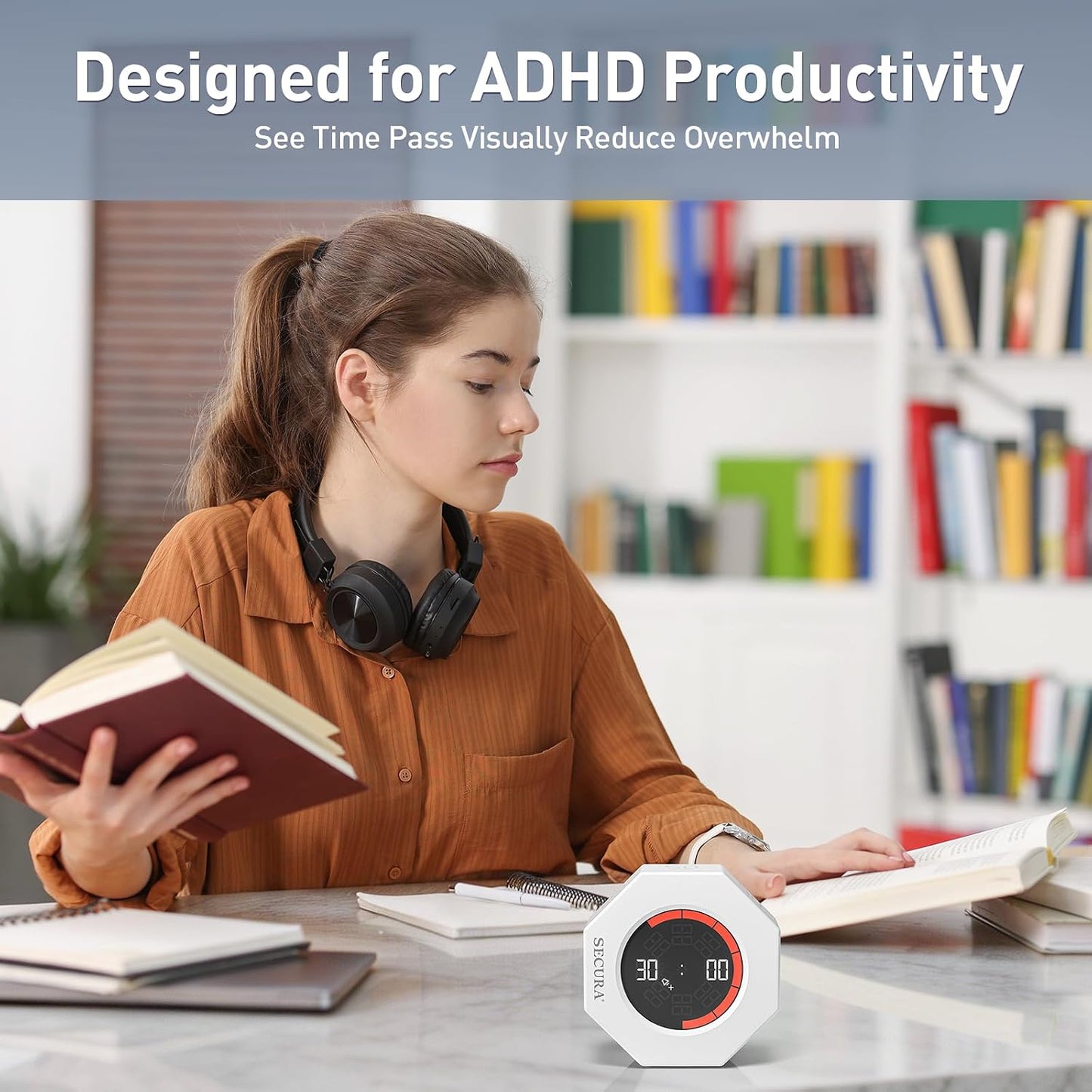 Secura Pomodoro Timer for ADHD & Productivity, Flip Cube Timer with 7 Presets (5/10/15/20/25/50/90 Min), Visual Countdown Progress Bar for Work, Study, Kids & Desk (Dark Gray)