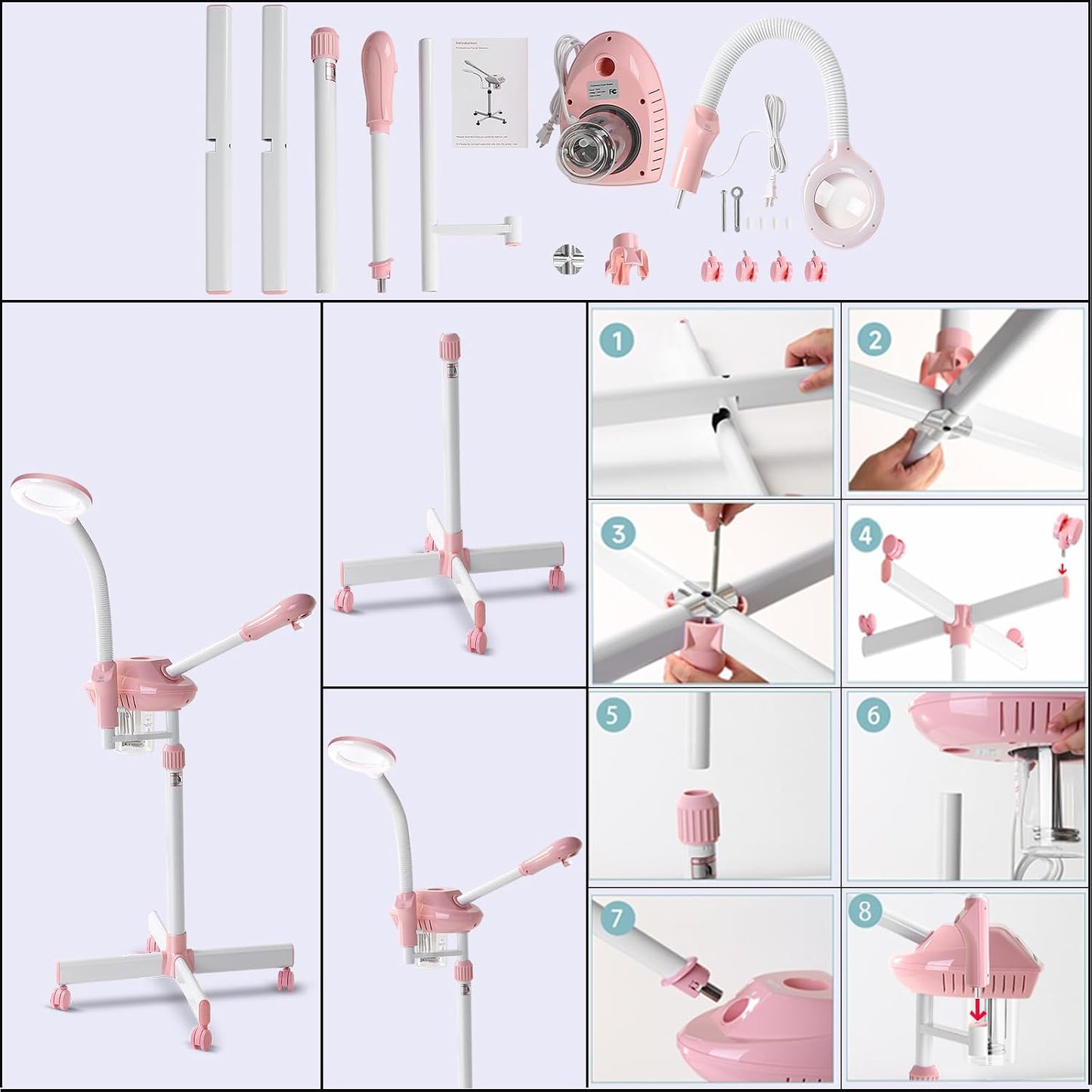 Professional Facial Steamer, Face Steam on Wheels, Estheticians Steamer with More Steam for Moisturizing and Hydration, Adjustable Height and Angle for Spa Beauty, Home Use, Pink
