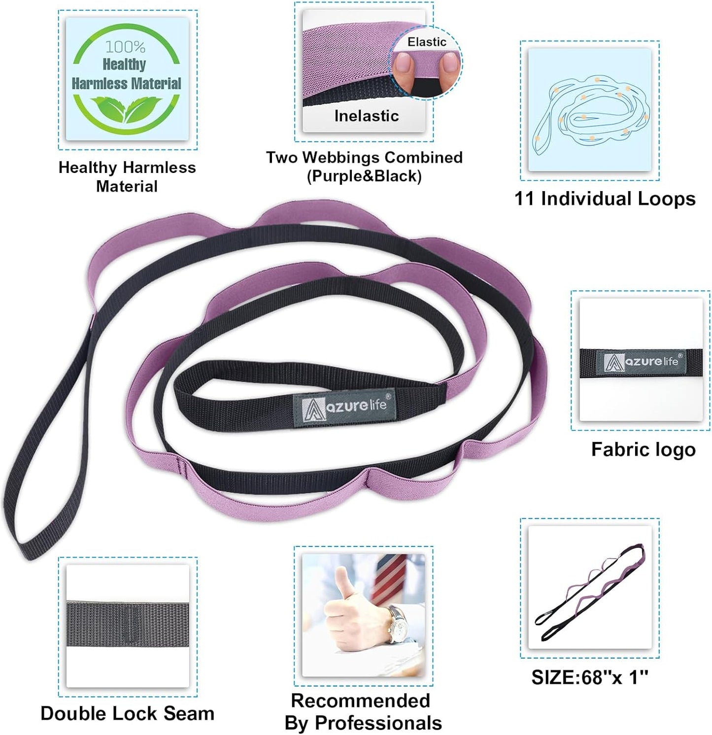A AZURELIFE Half-Elastic Stretch Straps with 11 Loops, Stretching Strap for Physical Therapy, Multi-Loop Yoga Strap Fitness Exercise Strap for Yoga, Pilates, Dance, Flexibility&Exercise
