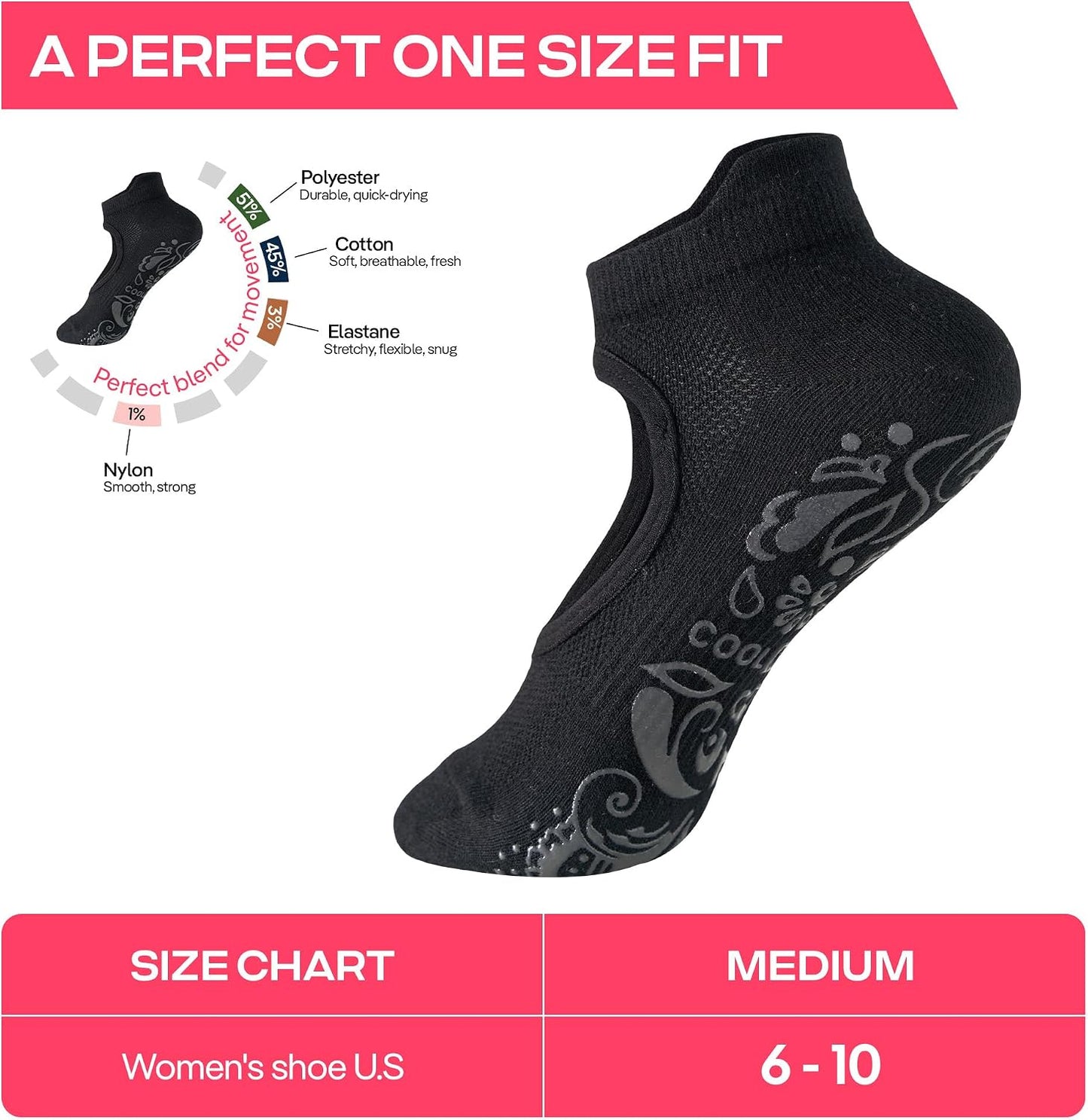 COOLMATE Pilates Socks with Grips for Women, Yoga Socks, Crew Non Slip Women for Barre, Pilates Gifts for Women - Colors A
