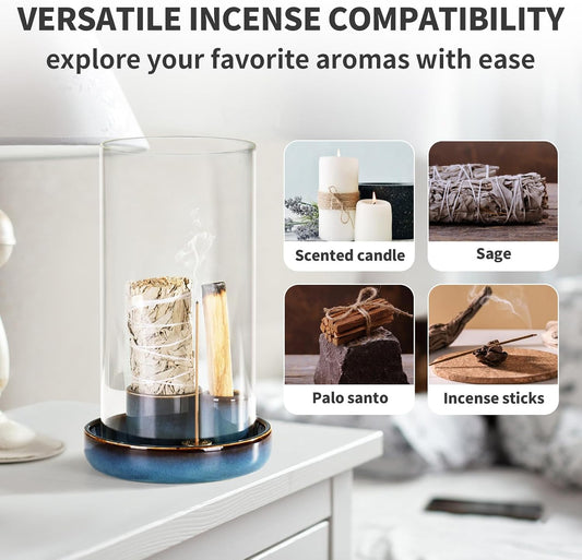 4 in 1 Incense Holder, Ceramic Base, Glass Cover Anti Ash Flying