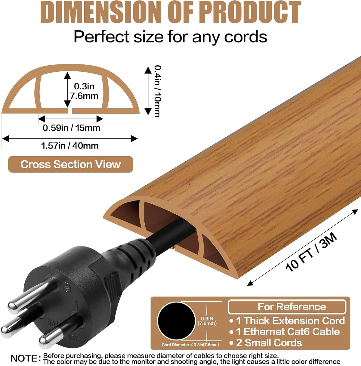 Floor Cord Cover Self Adhesive Cord Hider,10FT Cable Management, Extension Strip Protector for Wires, Prevent Cable Trips for Offices, Gyms, Exhibitions Cavity 0.39"(W) x 0.27"(H) BrownWood
