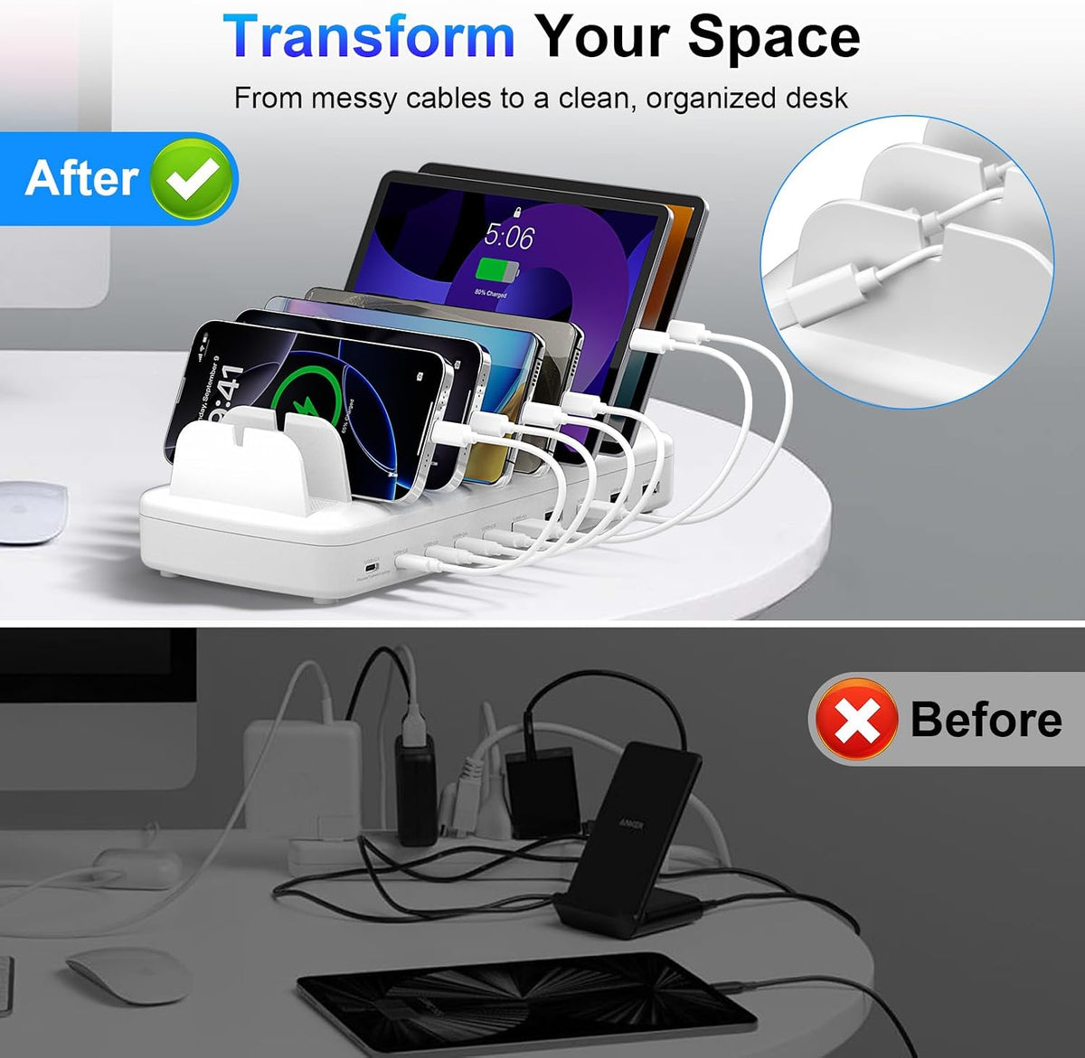510W Charging Station for Multiple Devices, 10 Ports Charger Organizer