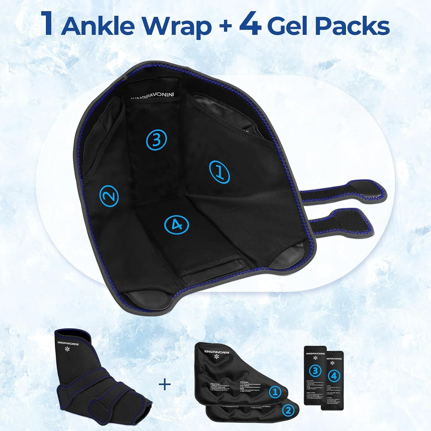 KingPavonini Ankle Foot Ice Pack Wrap for Sprained Ankle/Surgery Recovery, Reusable Gel Ice Packs for Feet Injuries, Plantar Fasciitis, Achilles Tendonitis, Hot/Cold Therapy, XL (1 Wrap+4 Gel Packs)