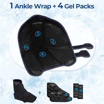 KingPavonini Ankle Foot Ice Pack Wrap for Sprained Ankle/Surgery Recovery, Reusable Gel Ice Packs for Feet Injuries, Plantar Fasciitis, Achilles Tendonitis, Hot/Cold Therapy, XL (1 Wrap+4 Gel Packs)