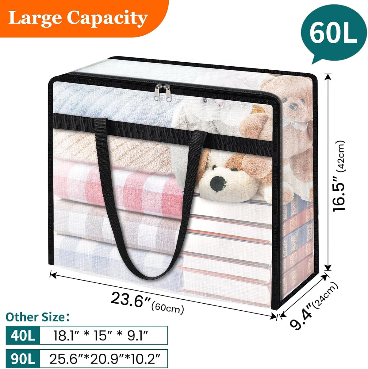TasticTotes 6 Pack Clear Storage Bags for Comforter, Clothes & Bedding, 40L