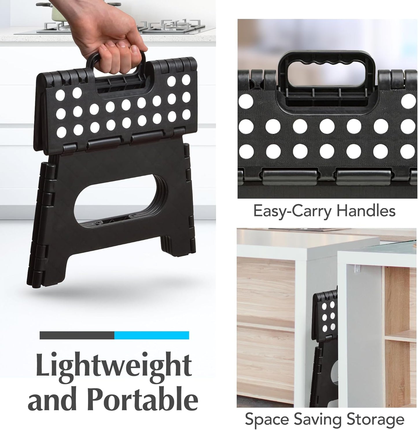 Handy Laundry Folding Step Stool - Sturdy Enough Collapsible Stool to Support Adults - Opens Easy with One Flip - Great for Kitchen, Bathroom or Bedroom (Black - 9 Inch)