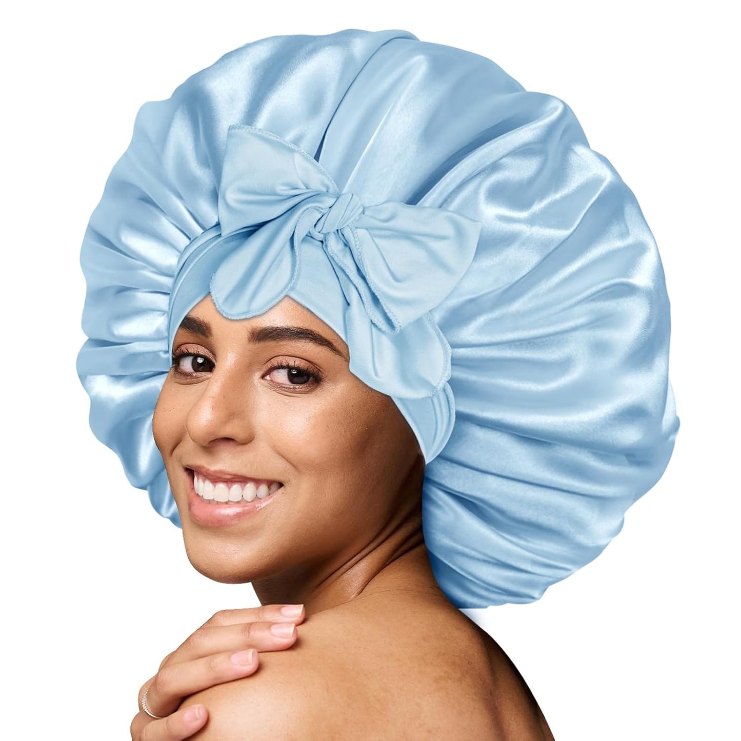 BONNET QUEEN Silk Bonnet for Sleeping for Women Satin Bonnet Night Cap for Curly Hair with Tie Band, Single Layer, Cream Pink