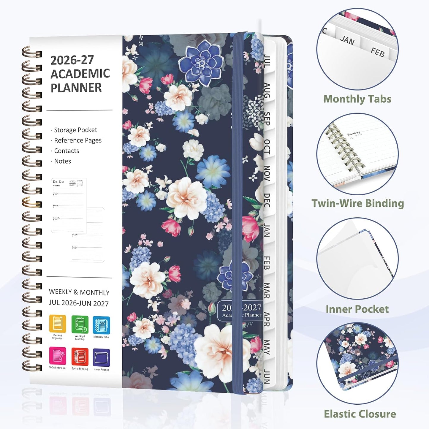 Planner 2026-2027, Weekly and Monthly Calendar Planner, JUL 2026 - JUN 2027 | A5(6.3'' x 8.5''), Hardcover, Agenda Book, Sprial Bound, Inner Pocket, Office and School Use