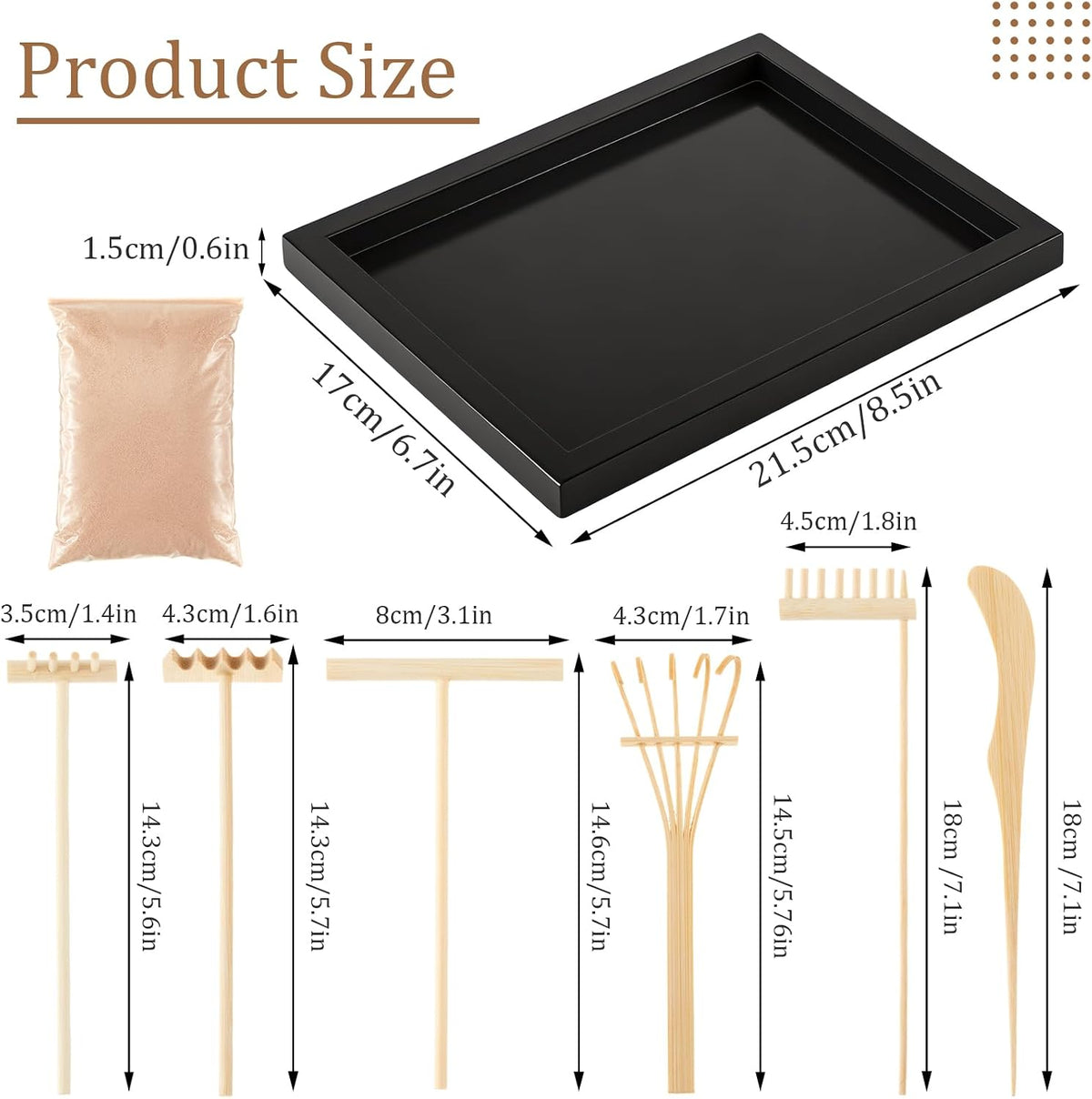 Soulchen 8 Pcs Mini Zen Garden Kit for Table Decor DIY Your Own Zen Garden 8.5" x 6.7" Japanese Sand Tray 6 Rake Tools Meditation Gifts Set for Home Office Tabletop Accessories Therapy Stress Relief