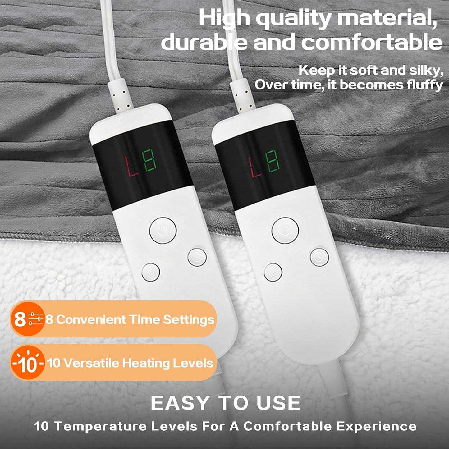 Electric Heated Blanket Throw Size 50''x60''-Control Heating Blanket, Soft & Warm Flannel 10-Level Temperature Control, 8 Hours Auto Off, Rapid Heating & Overheat Protection