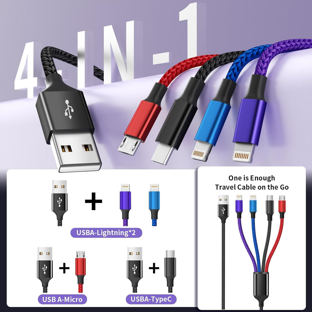 4 in 1 Multi Charging Cable, 5FT Charging Cords for Multiple Devices