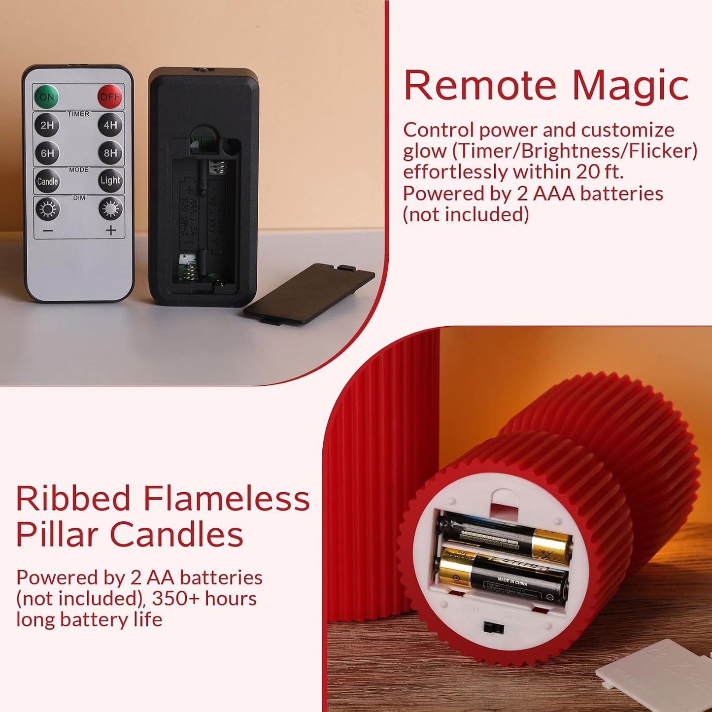 White Ribbed Flameless Pillar Candles with Remote, Real Wax Flickering Battery LED Candles Set of 2