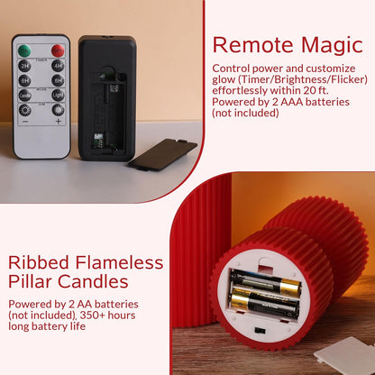 White Ribbed Flameless Pillar Candles with Remote, Real Wax Flickering Battery LED Candles Set of 2