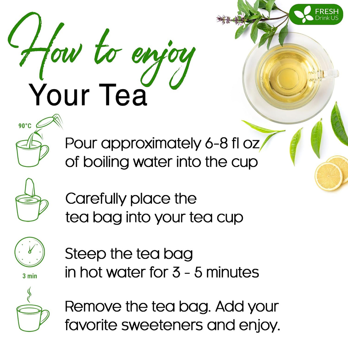 FreshDrinkUS, Premium 55 Tulsi Green Tea Bags, 100% Natural & Pure, Herbal Tea, No Sugar, No Caffeine, No Gluten, Vegan.