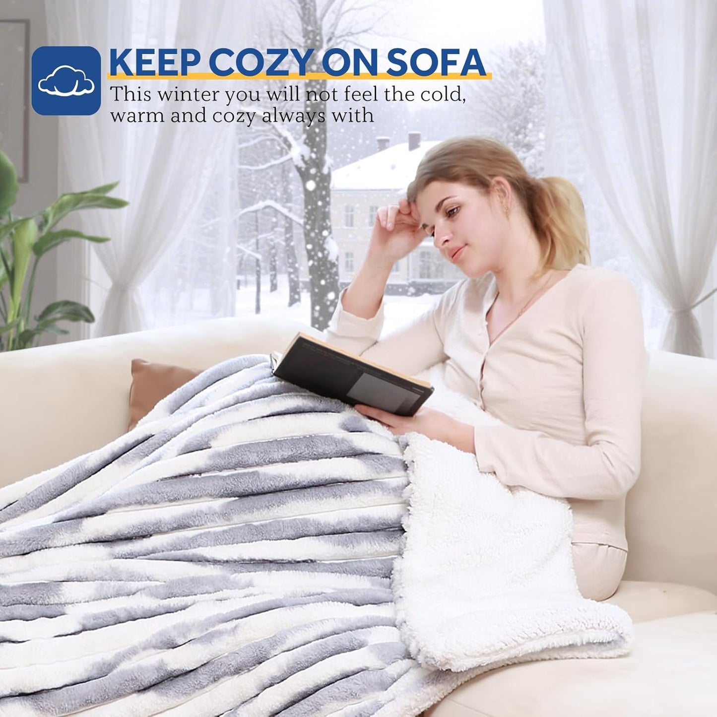 Sealy Electric Blanket Throw Size 50"*60",Super Cozy Faux Fur to Sherpa Reversible Heated Blanket Throw with 6 Heating Levels & 2-10 Hours Auto Off Overheating Protection Machine Washable,Blue White