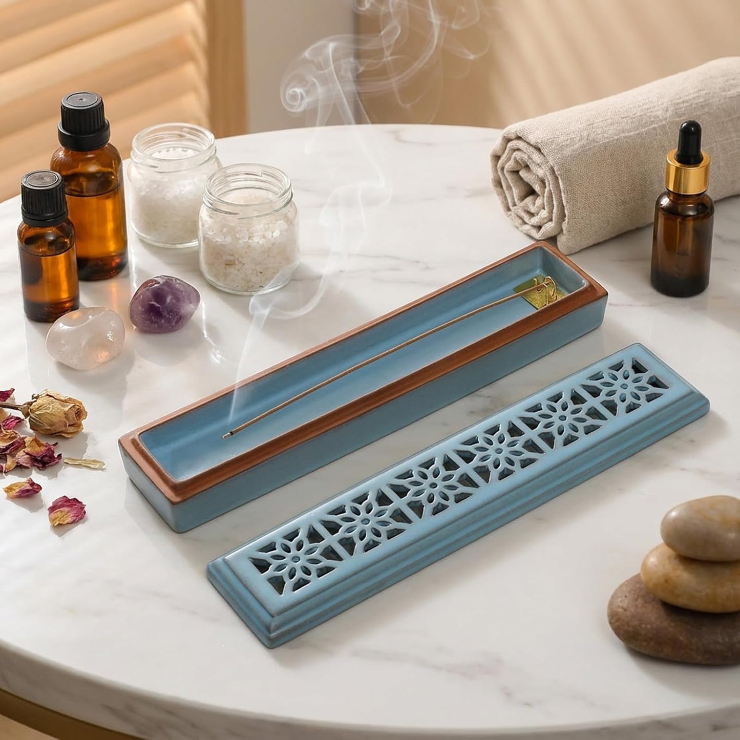 CEREMONY Incense Holder for Sticks, Ceramic Insence-Stick Holder Ash Catcher, Incense Holder Timkburner for Meditation Yoga Spa Room Incense Holder (Lever Brown)