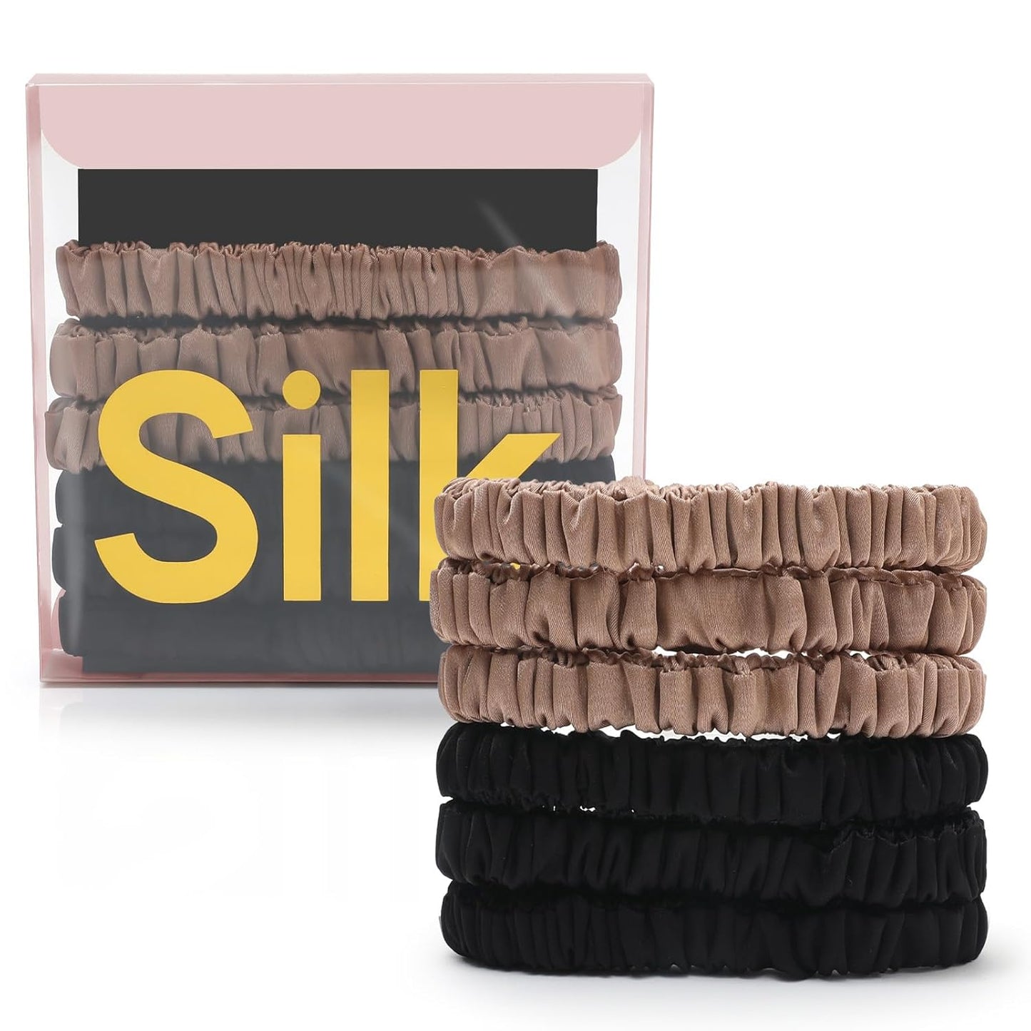 6Pcs Silk Hair Ties 100% Pure Mulberry Silk Scrunchies for Women Girls | No Hair Crease, Anti Frizz, Gentle Hold, No Damage, Black Brown Pink