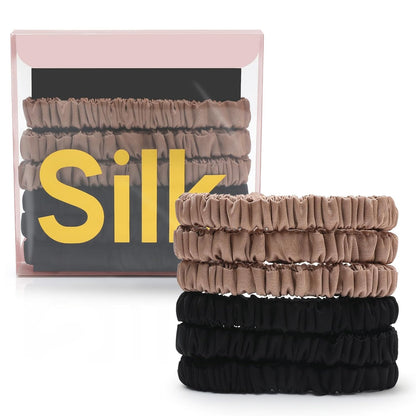 6Pcs Silk Hair Ties 100% Pure Mulberry Silk Scrunchies for Women Girls | No Hair Crease, Anti Frizz, Gentle Hold, No Damage, Black Brown Pink