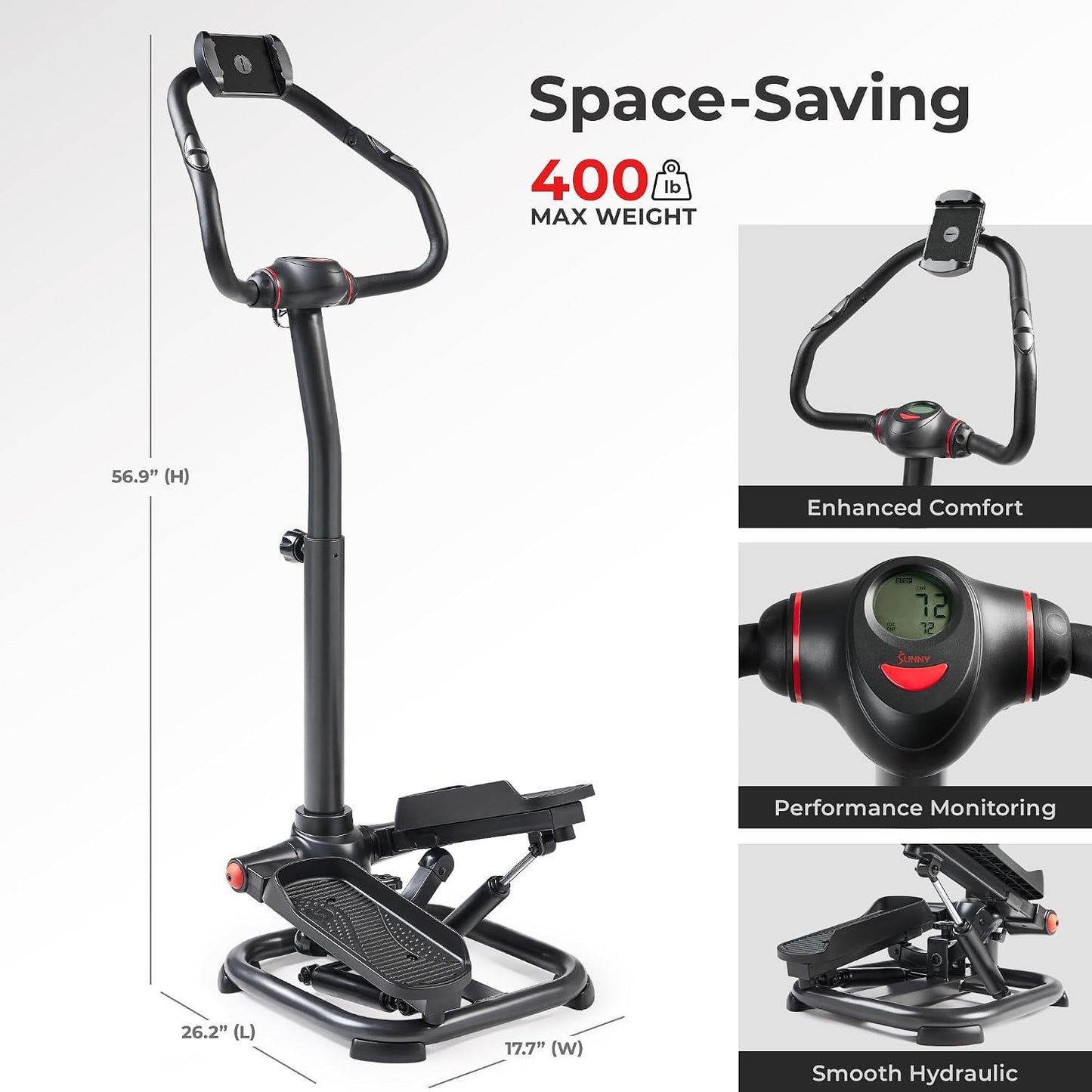 Sunny Health & Fitness 2-in-1 Power Stepper, 400 lb Weight Capacity, Resistance Bands, Height-Adjustable, Low-Impact Cardio, Bluetooth + SunnyFit App, SF-S021054
