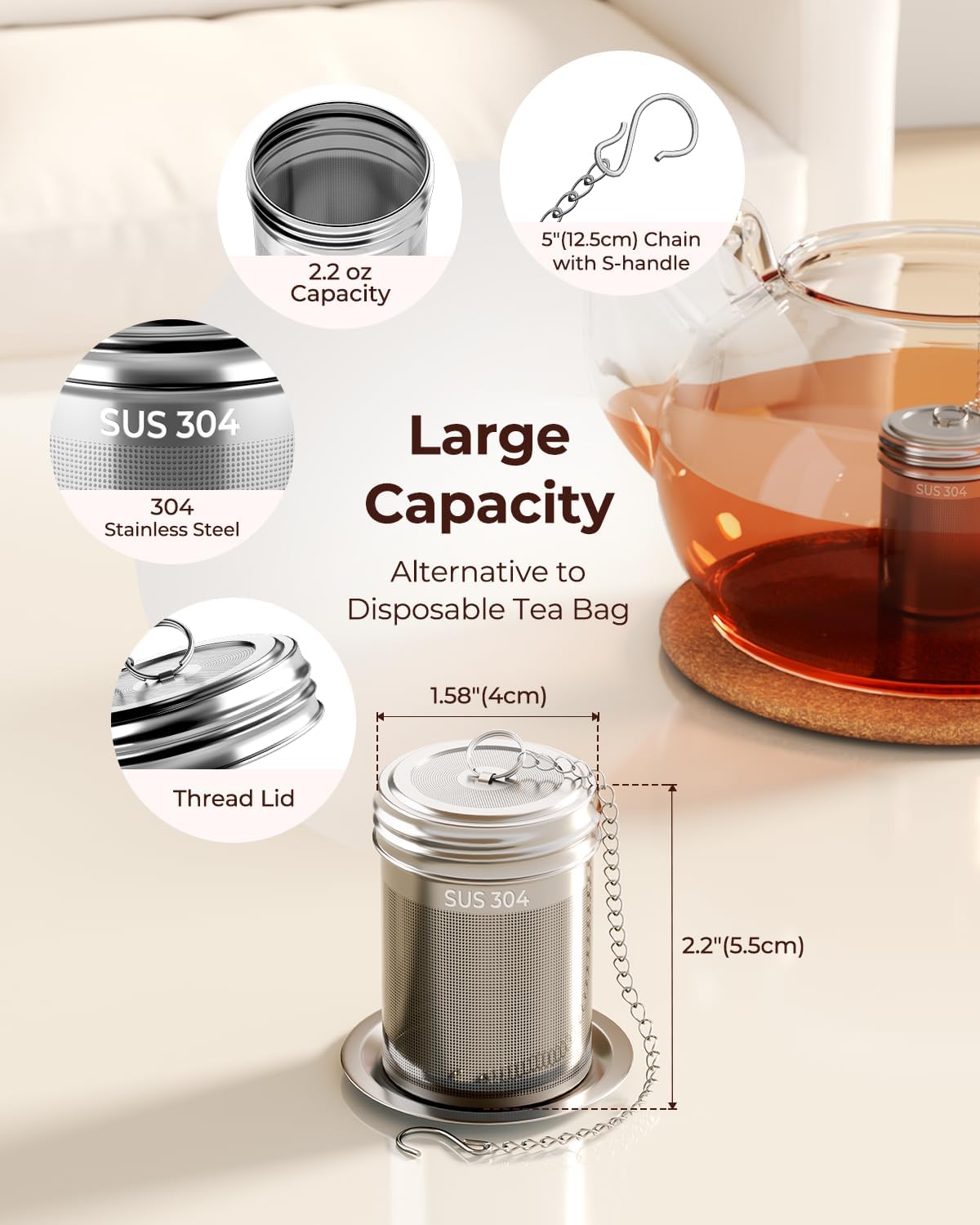 2 Pack Reinmoson Large Tea Infuser for Loose Tea & Spice Infuser for Cooking, 2.1” x 2.9” Extra Fine Mesh Large Tea Strainers, 304 Stainless Steel Loose Leaf Tea Steeper for Black Tea, Rooibos, etc