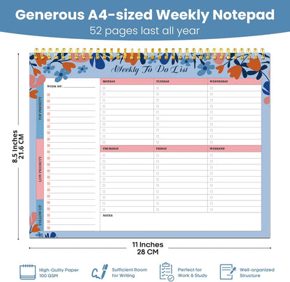 Weekly To Do List Notepad with 52 Undated Sheets（8.5"×11"）- Undated Weekly Planner Notepad for Office Desk Accessories and Supplies - Sunshine Petal