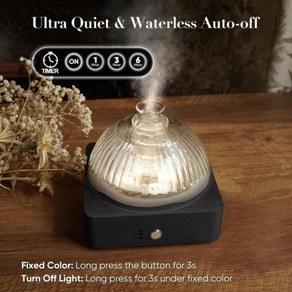 Glass Dome Essential Oil Diffuser with Glass Reservoir & Wood Base-No Plastic, 200ml Ultrasonic Diffuser for Aromatherapy with Timer 7 Color Light Auto-Off for Home Office Yoga Pilates