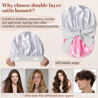 Satin Bonnet for Sleeping Cap Double Layer Hair Bonnet with Elastic Tie Band for Curly Hair Night Cap (Bean Paste + Pink)