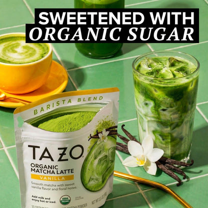 TAZO Organic Classic Matcha Latte Powder, Café Style Matcha Latte Mix, Easy Hot or Iced Matcha Latte, Sweetened with Organic Sugar and Matcha Powder, 10 Servings, 3.5 oz Pouch