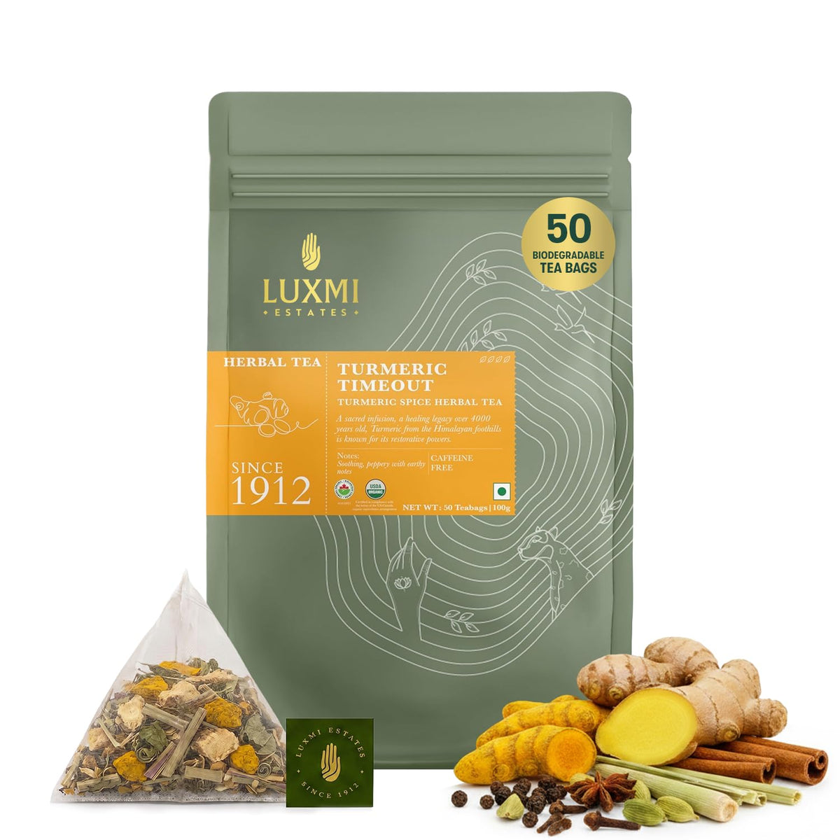 Luxmi Estates Turmeric Ginger Herbal Tea, 50 Biodegradable Tea Bags (100g, 3.53oz, ~50 Cups), USDA Organic Golden Spice Blend with Turmeric, Black Pepper, Ginger, Cardamom, Cinnamon, Cloves & Lemongrass | Caffeine-Free Bulk Pack, Vegan