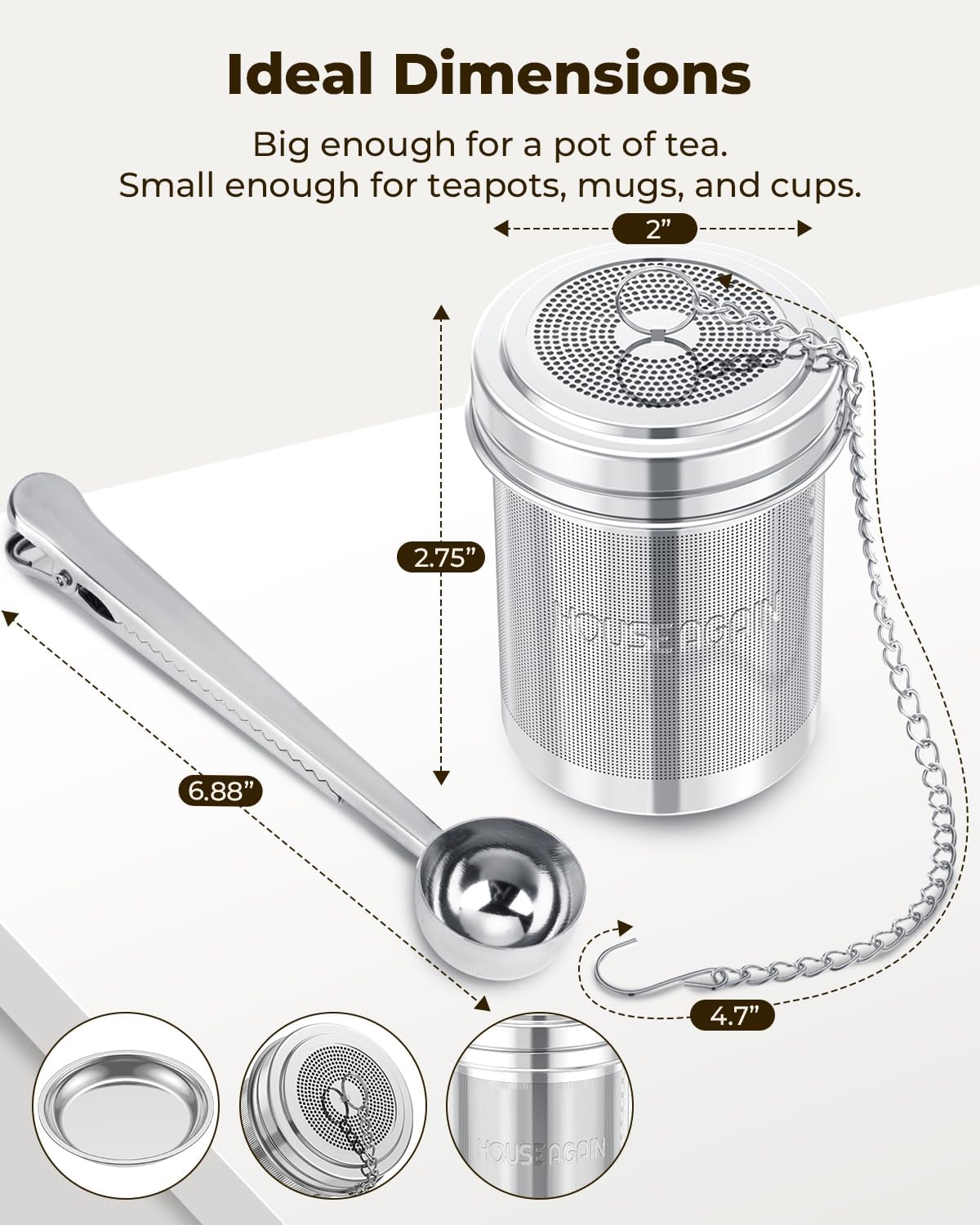 House Again 2 Pack Tea Infuser, Extra Fine Mesh Tea Infusers for Loose Tea, 18/8 Stainless Steel Tea Strainer with Extended Chain Hook, Tea Steeper for Brew Tea, Spices & Seasonings