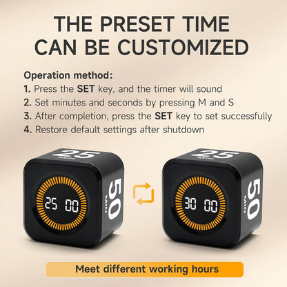 Rotating Productivity Timer 5, 25, 10, 50 Minutes Preset, Desk Cube w/Gravity Sensor for ADHD, Mute Functions, Ideal for Work, Study, Kitchen, Back to School (1, Wood Grain Finish)