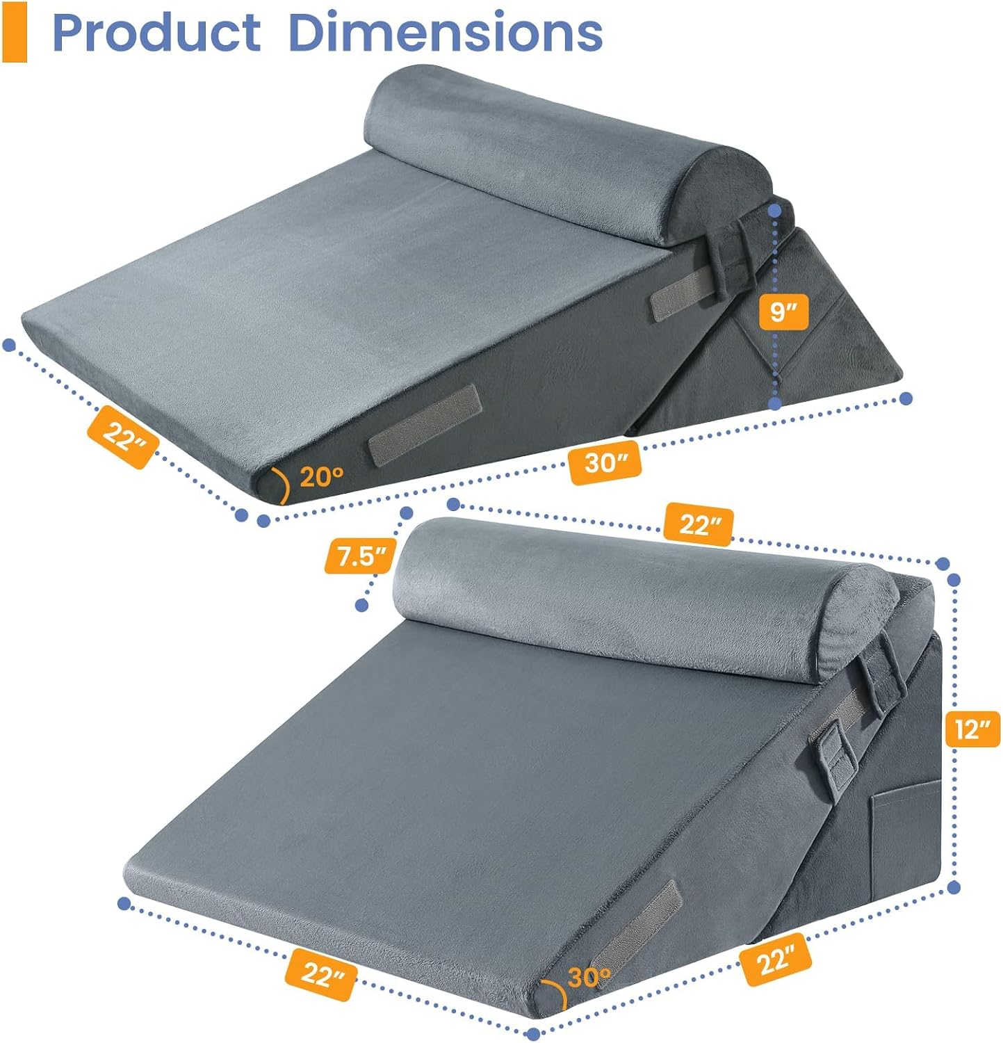 Sasttie Wedge Pillow Set for After Surgery, 2PCS Adjustable Bed Wedge Pillow Headboard with Memory Foam Neck Cushion – for Acid Reflux, Sleeping, Neck & Back Support, Dark Grey & White