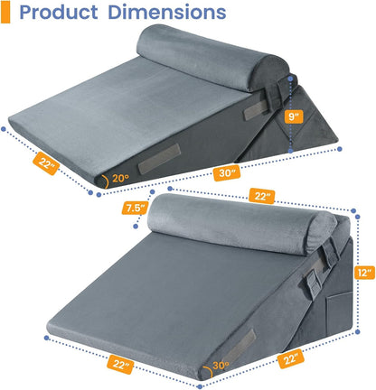 Sasttie Wedge Pillow Set for After Surgery, 2PCS Adjustable Bed Wedge Pillow Headboard with Memory Foam Neck Cushion – for Acid Reflux, Sleeping, Neck & Back Support, Dark Grey & White
