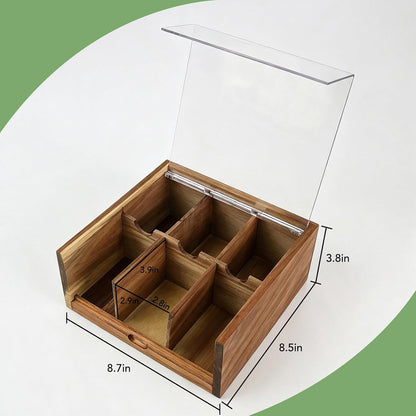 HTB Acacia Wood Tea Bag Organizer Storage Box with 6 Compartments