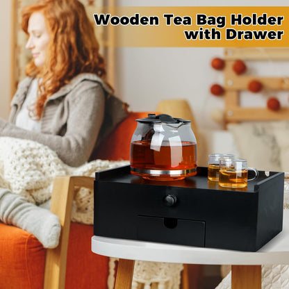 Cinnvoice Tea Bag Organizer Wooden Tea Storage Box, Black