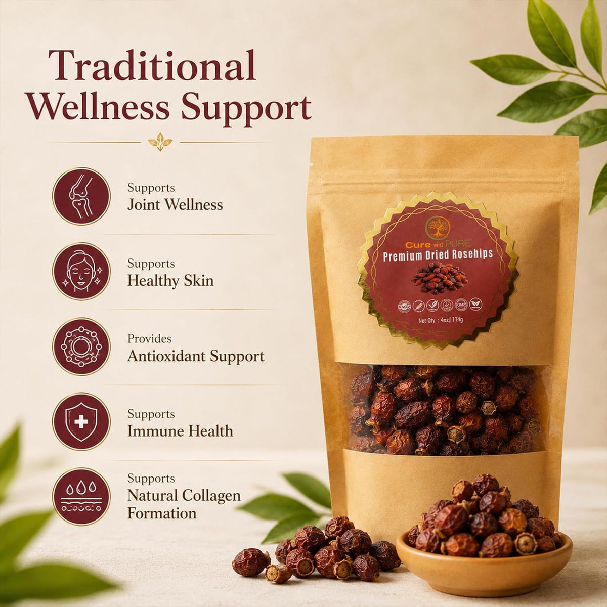 Cure wid Pure Dried Rose Hips 4oz RoseHip Tea Rich in Vitamin C