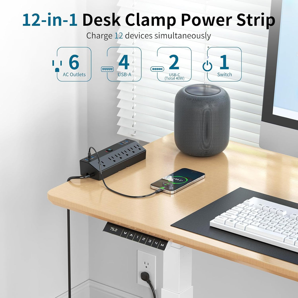 Desk Clamp Power Strip 10FT, 40W Total Fast Charging Station, Black