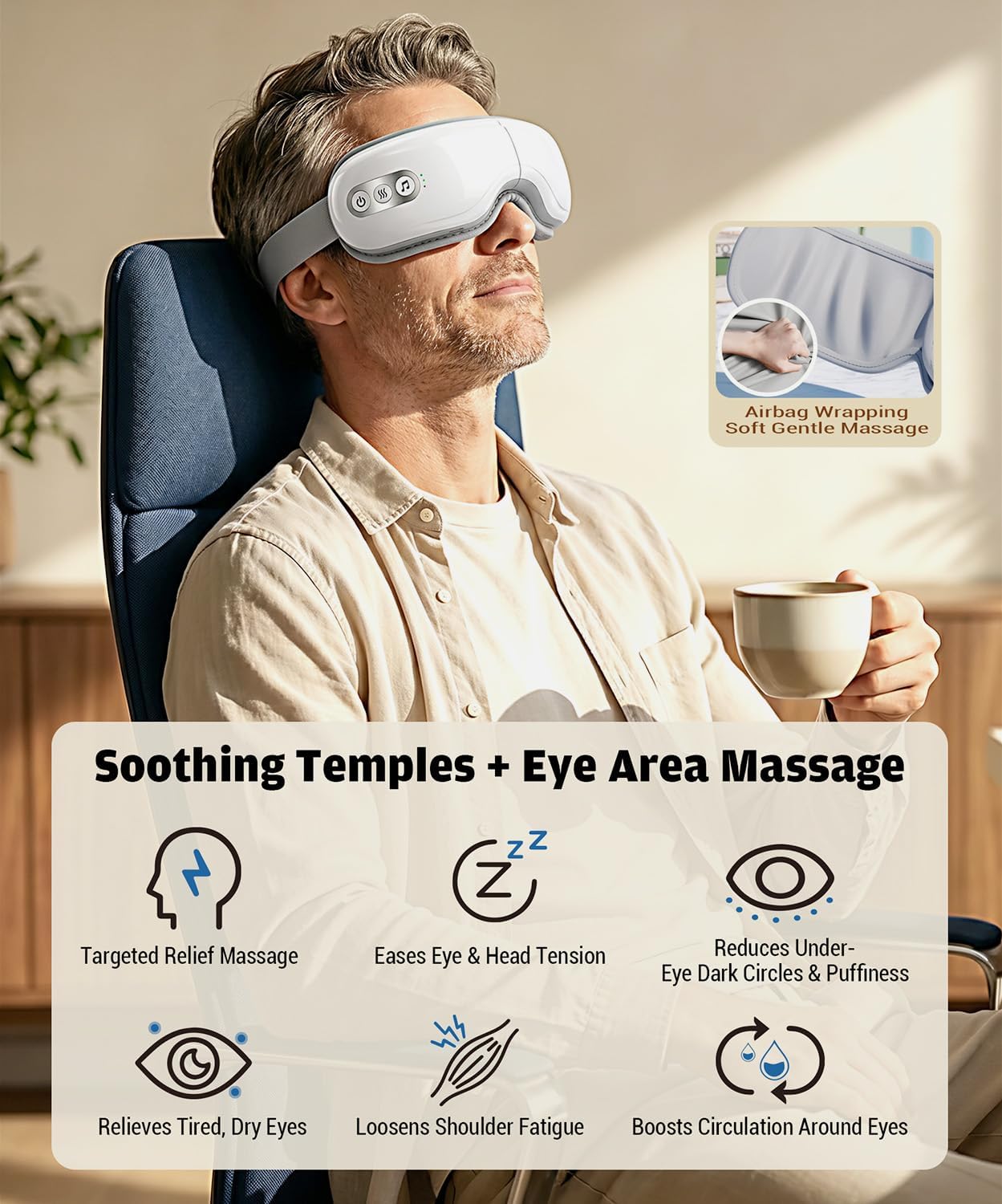Eye Massager with Heat and Cooling, Heated Eye Mask for Dry Eyes & Sleep, Cooling Gel Mask for Puffiness, Bluetooth Music 5 Modes Cordless Foldable, Relax Gift for Women Men