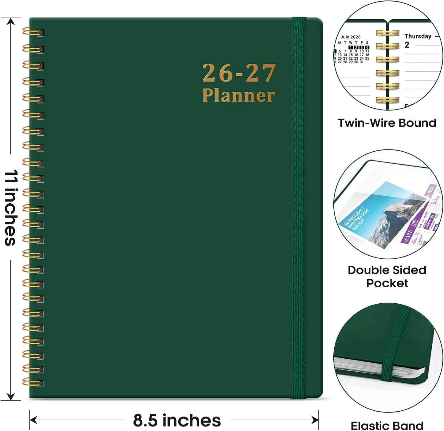 Planner 2026-2027, 8.5" x 11" Weekly and Monthly Academic Year Planner Calendar, July 2026 - June 2027, Hardcover Large School Planning Agenda With Tabs, Perfect for School & Office Supplies, A4, Green