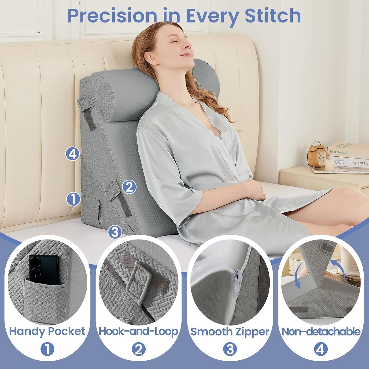 Sasttie Wedge Pillow Set for After Surgery, 2PCS Adjustable Bed Wedge Pillow Headboard with Memory Foam Neck Cushion – for Acid Reflux, Sleeping, Neck & Back Support, Dark Grey & White
