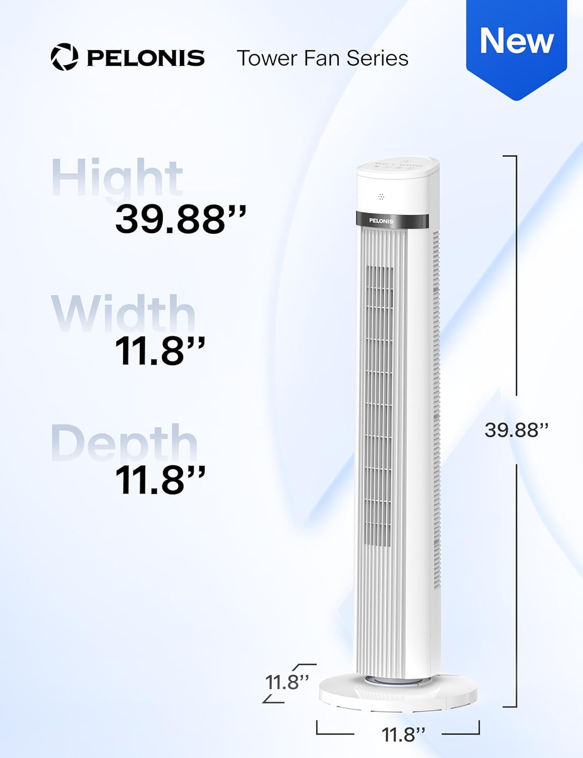 PELONIS 40 inch Bladeless Tower Fan for Bedroom, Standing Fan with Remote Control, 26ft/s, 90° Oscillation, 3 Speed Settings, 27dB, 3 Modes, 15-Hour Timer, LED Display, Fan that Blows Cold Air, White