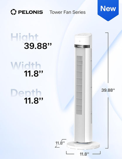 PELONIS 40 inch Bladeless Tower Fan for Bedroom, Standing Fan with Remote Control, 26ft/s, 90° Oscillation, 3 Speed Settings, 27dB, 3 Modes, 15-Hour Timer, LED Display, Fan that Blows Cold Air, White