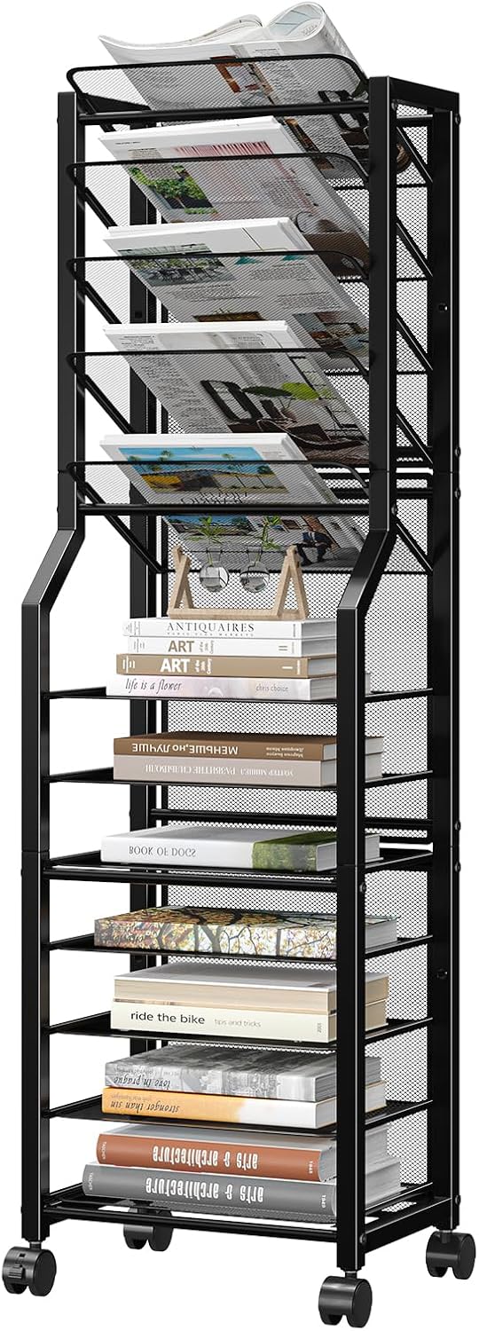 Simple Trending 12-Tier Rolling File Cart, Desk File Organizer with 11 Mesh Sliding Trays, Letter & Legal Paper Storage Rolling Utility Cart for Office Home School, Black