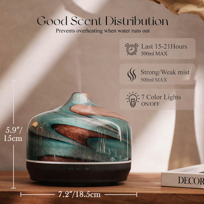 Porseme 500ml Glass Essential Oil Diffuser Aromatherapy Ultrasonic Cool Mist Humidifier 15-21 Running Hours Waterless Auto-Off Air Diffusers for Sleeping Yoga Working Spa(Light Blue)